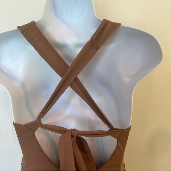 Olivaceous Mocha Ruched Bodycon Cutout Mini Dress (M) - Picture 9 of 9